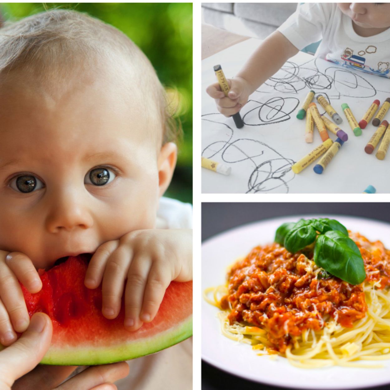 Spagetti ret, barn der spiser vandmelon og tegner