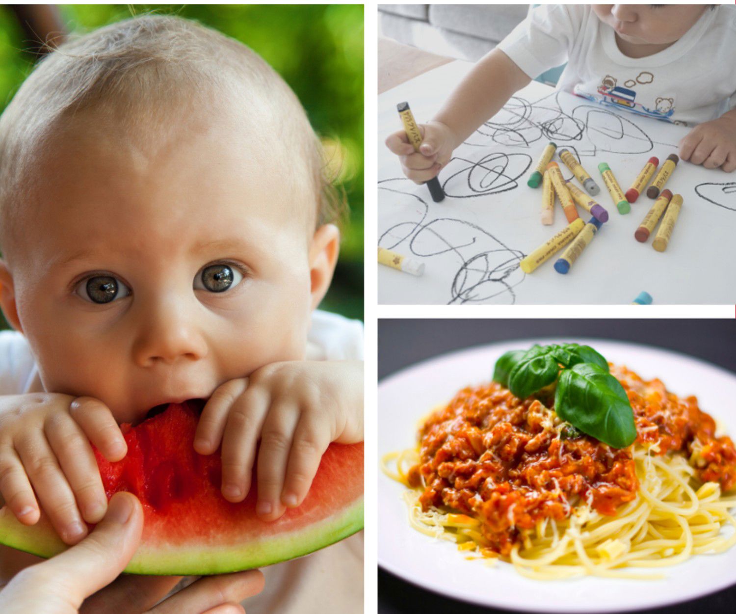 Spagetti ret, barn der spiser vandmelon og tegner